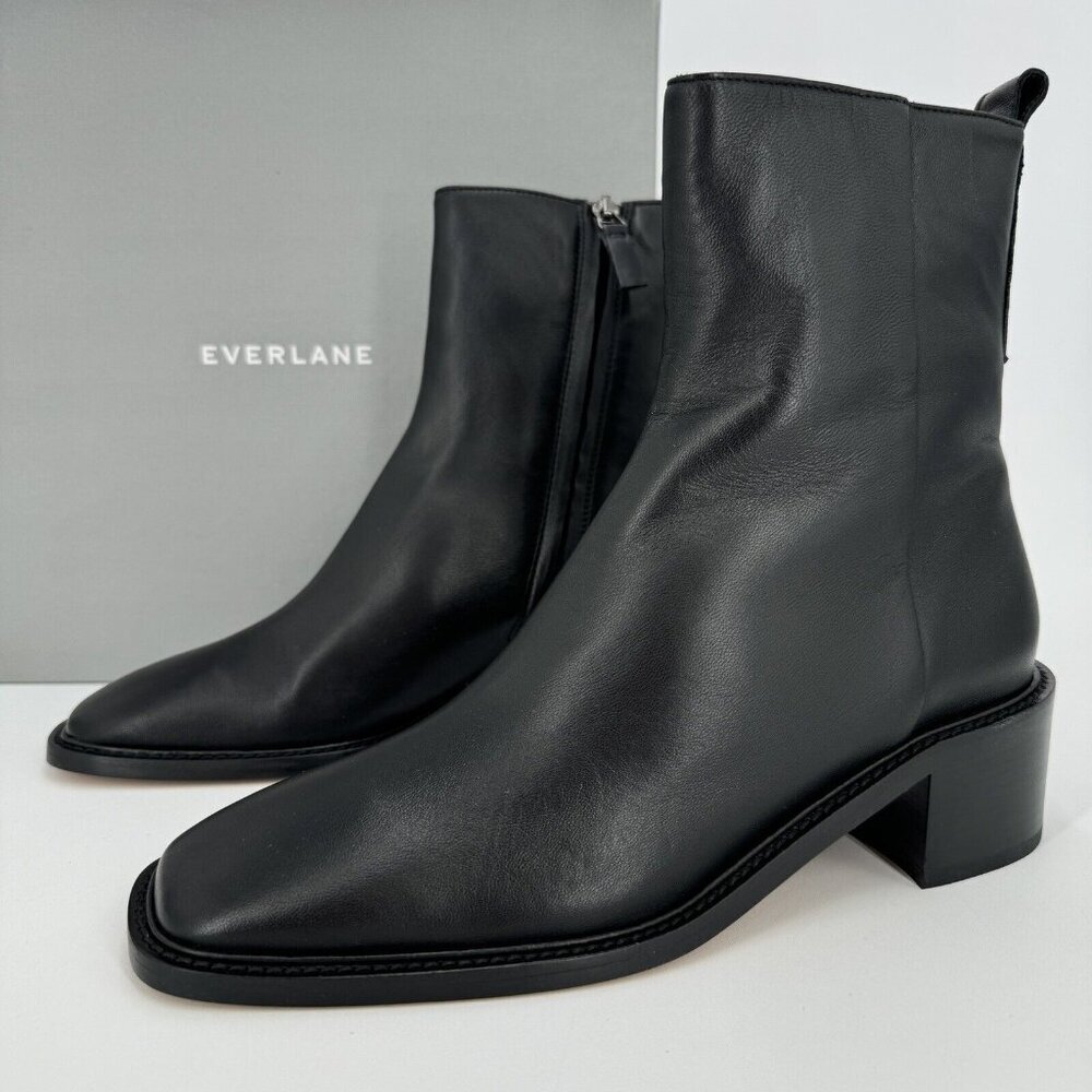 Everlane The City Boot in Black Leather sz 11 Women's Side Zip Block Heel Ankle